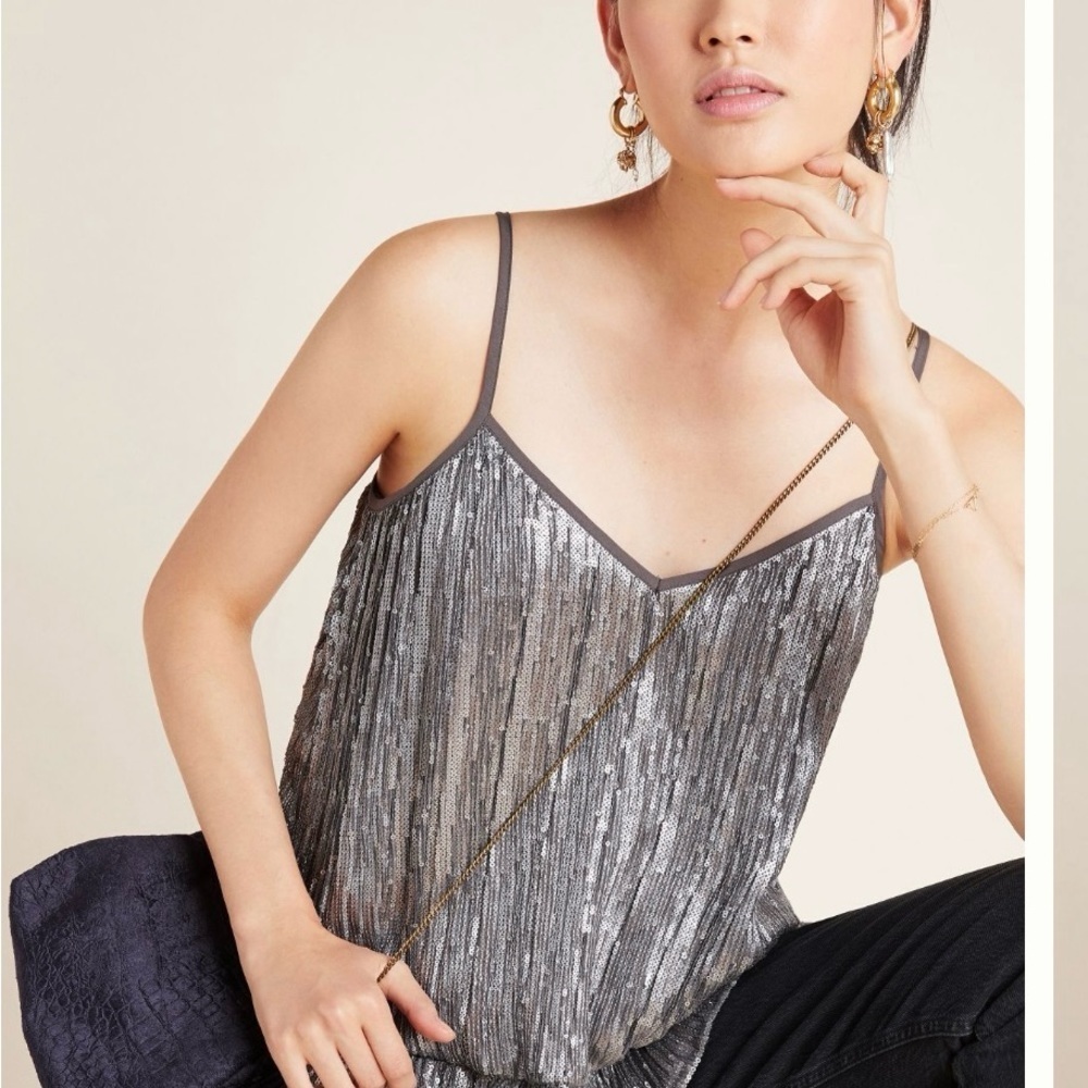NWT Anthropologie Grey Beaded Camisole Top 8 lined
